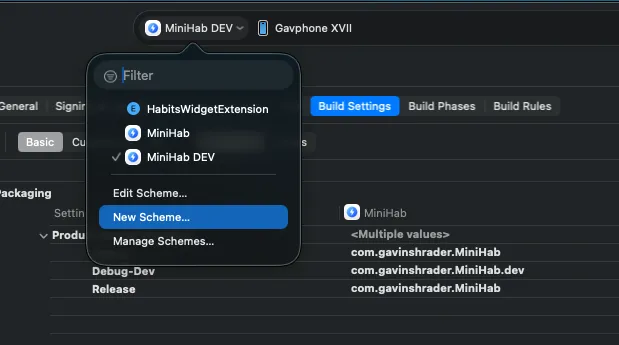Where to find the scheme picker in Xcode