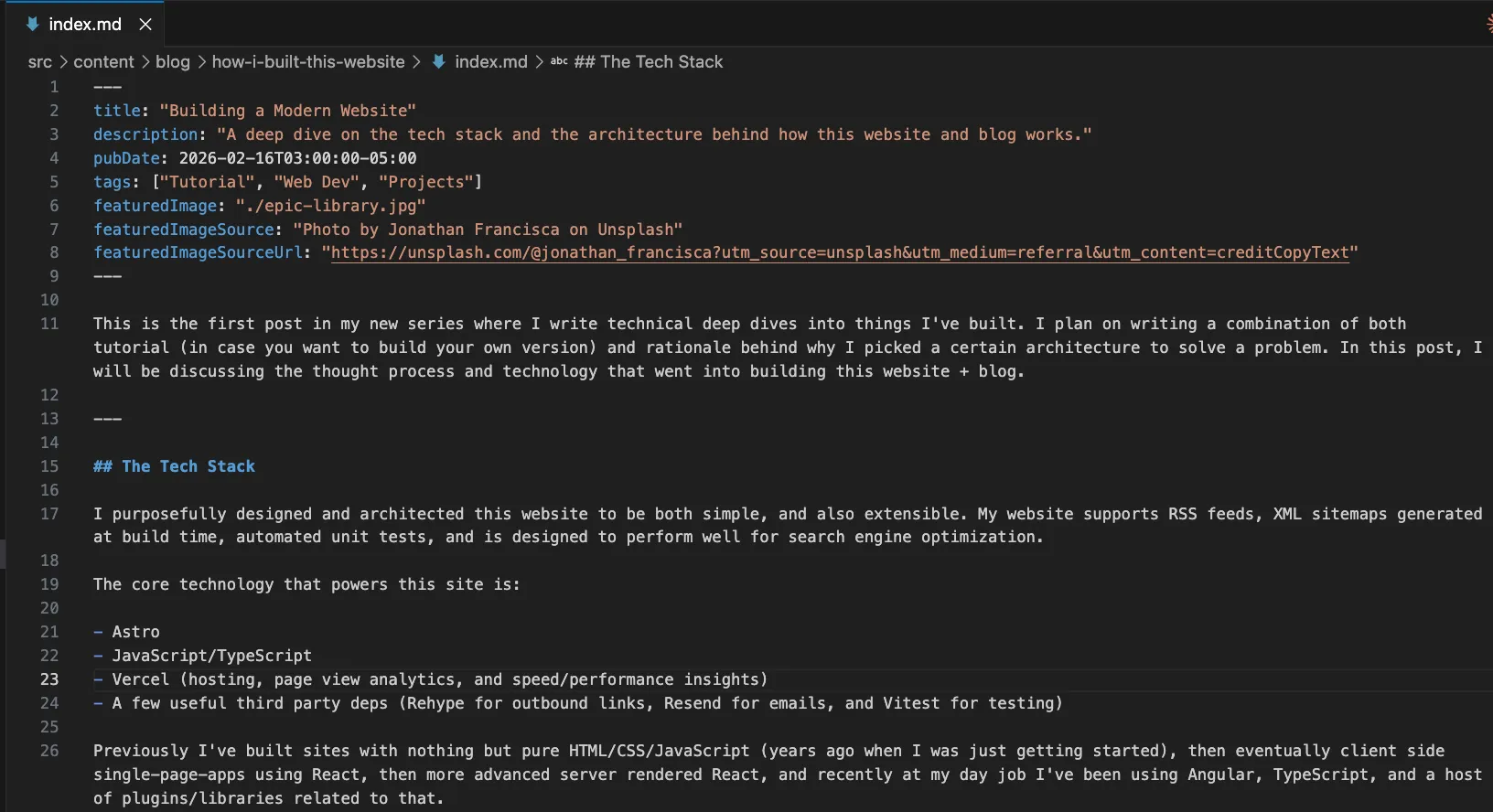 Screenshot of the code behind a blog post