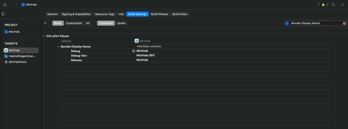 Build Settings showing the Product name in DEV