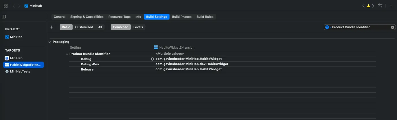 Build Settings showing the Product Bundle Identifier for the Widget specifically