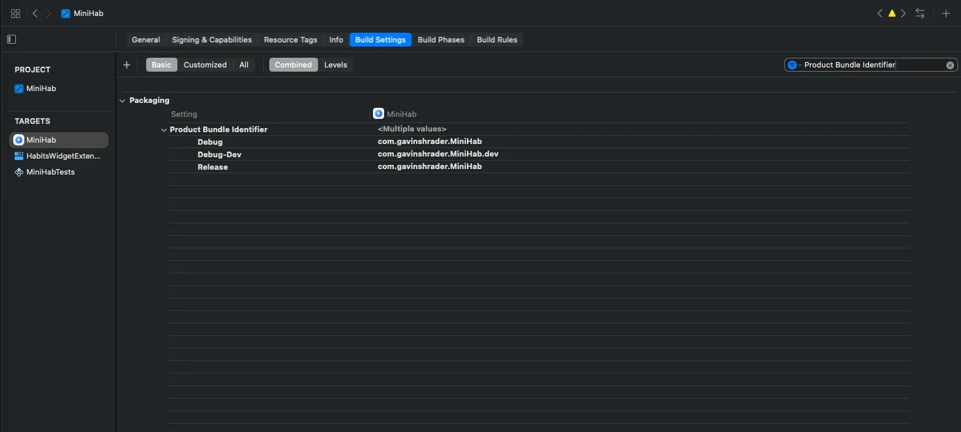Build Settings showing the Product Bundle Identifier expanded with per-configuration values