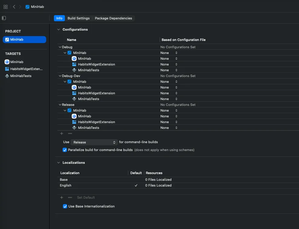 The Configurations section showing Debug, Debug-Dev, and Release