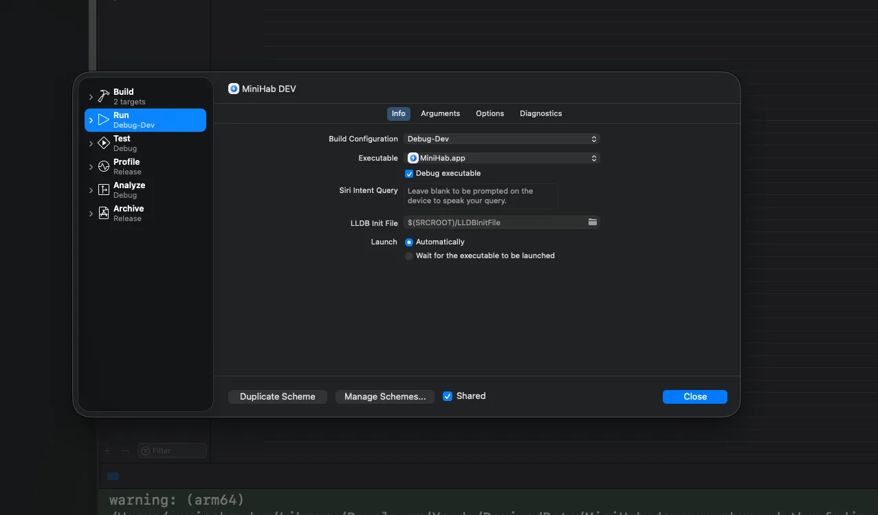 The Edit Scheme window showing the Run action set to Debug-Dev