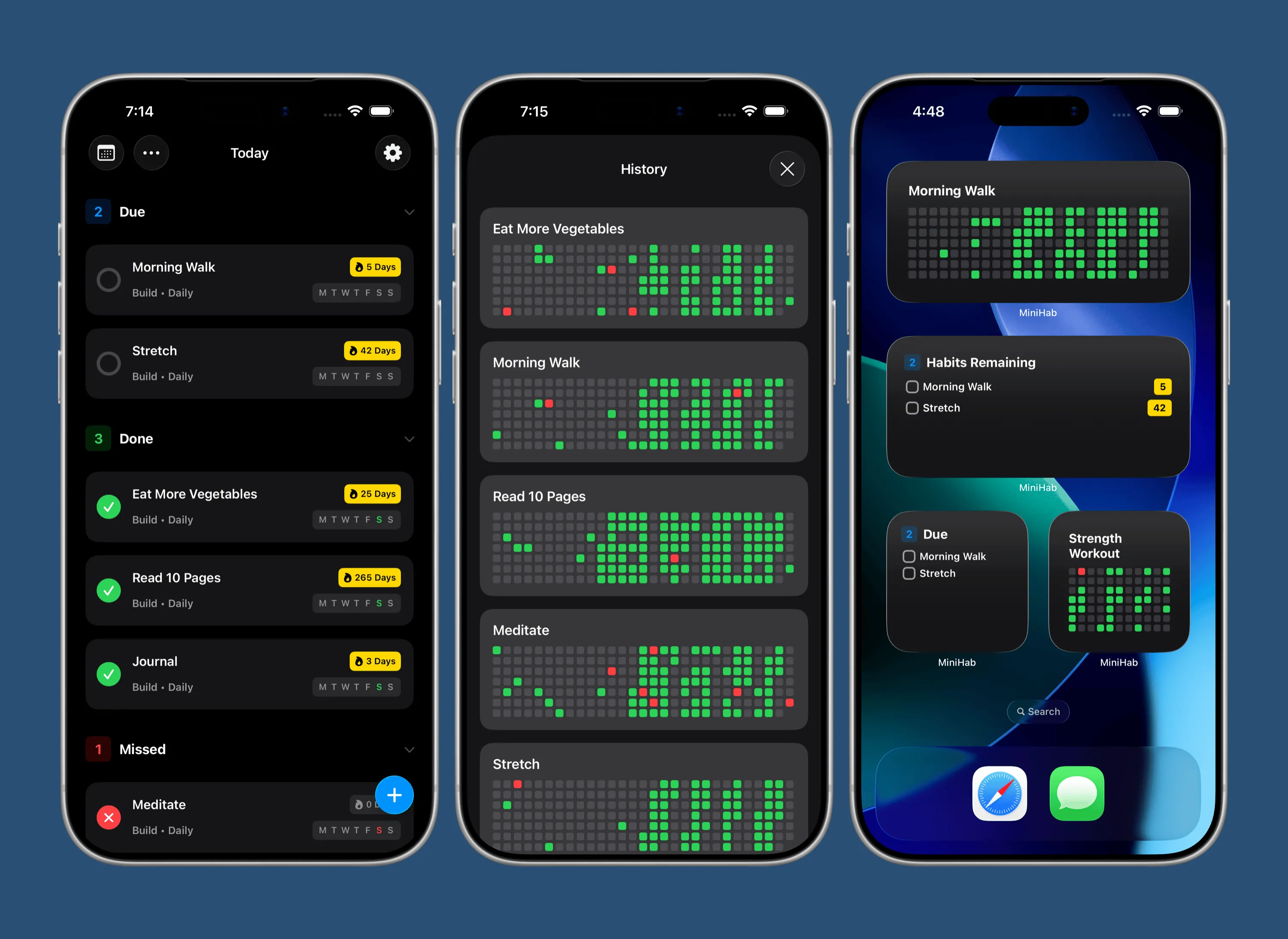 Screenshot of MiniHab iOS app homescreen and widgets