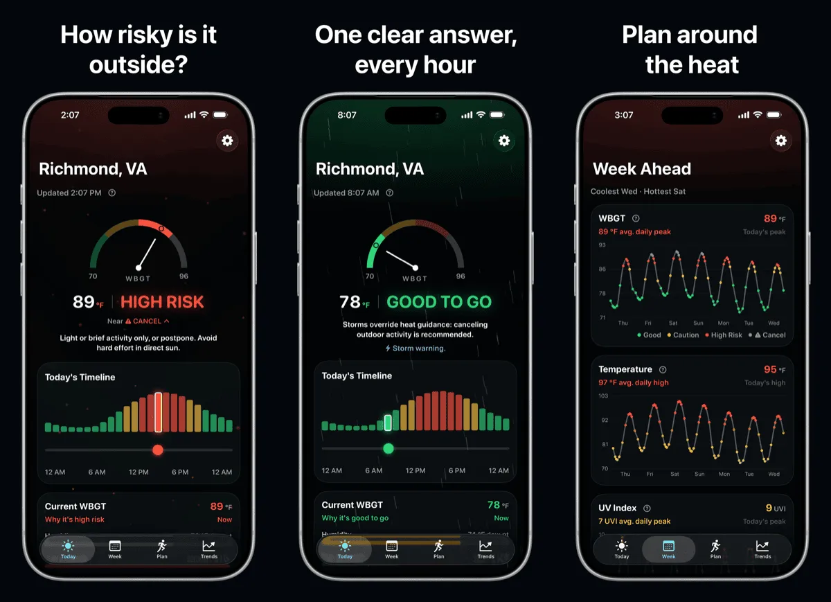 Screenshot of the Swelter iOS app showing the WBGT heat-risk gauge and daily timeline